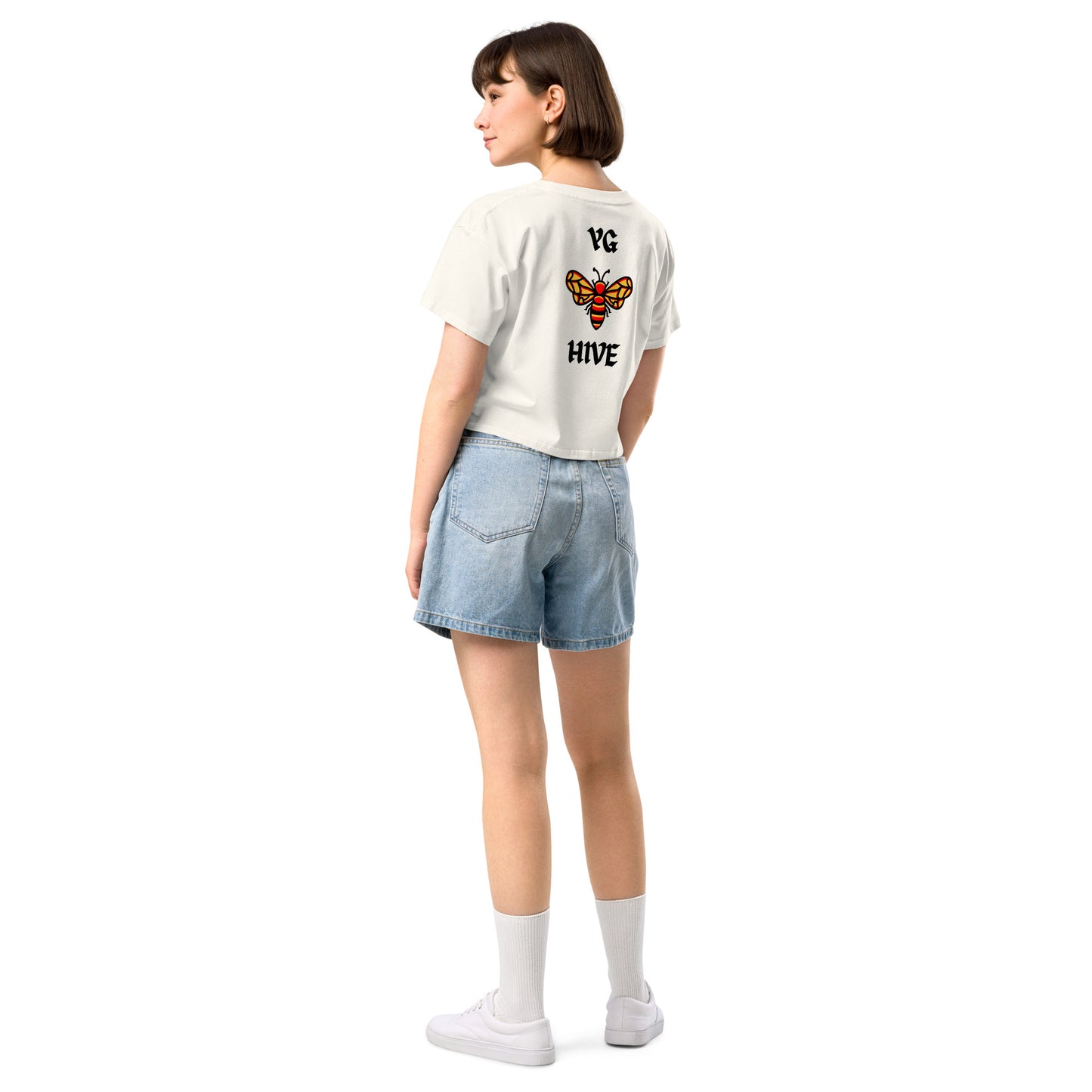 BEIGE & WHITE 400 x YG HIVE BUMBLE BEE CROPPED TEE