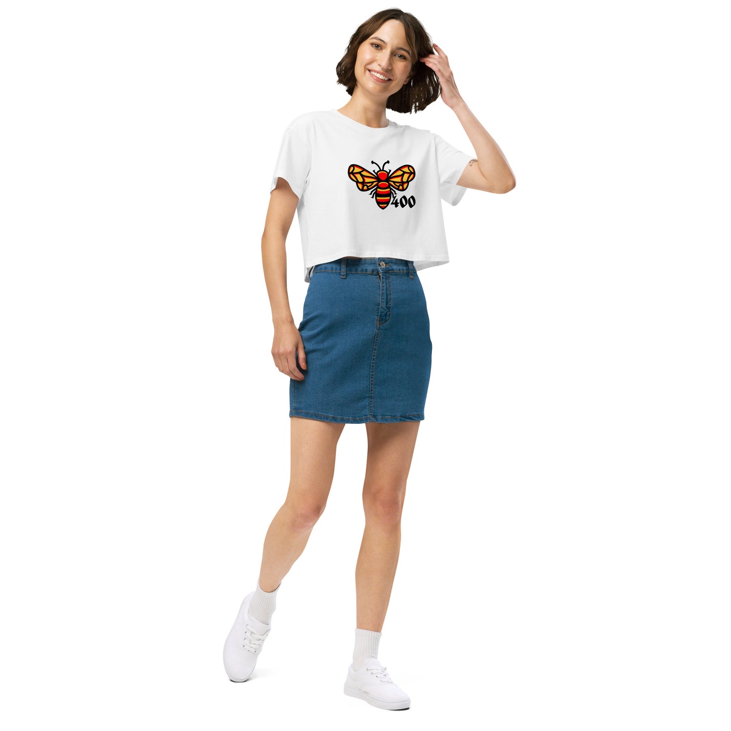 BEIGE & WHITE 400 x YG HIVE BUMBLE BEE CROPPED TEE